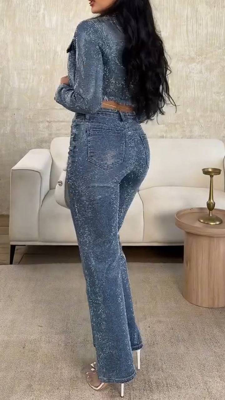 Ladies Collar Hot Pressed Diamond Cardigan+ Pants Casual Set - MATCHING MASTER