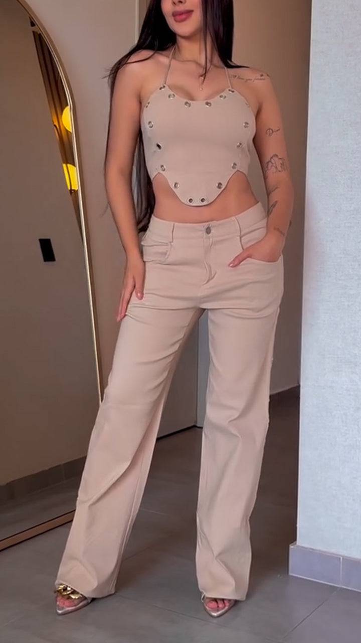 Ladies Neck Hanging Irregular Top+ Hollowed Out Pants with A Casual Temperament Suit - MATCHING MASTER