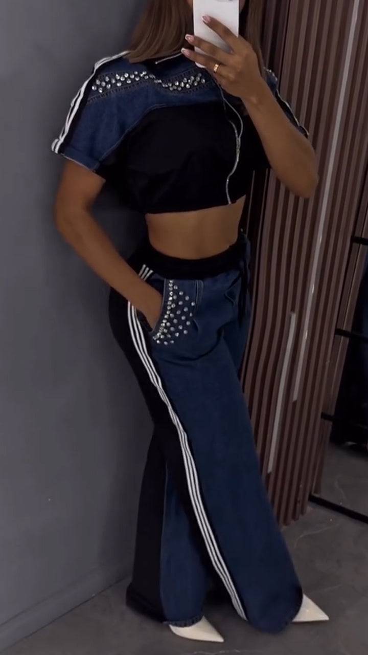 Ladies Collar Hot Stamping Diamond Splicing Zipper Top+ Pants Casual Set