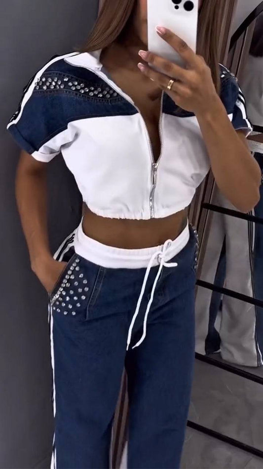 Ladies Collar Hot Stamping Diamond Splicing Zipper Top+ Pants Casual Set