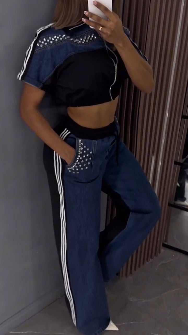 Ladies Collar Hot Stamping Diamond Splicing Zipper Top+ Pants Casual Set