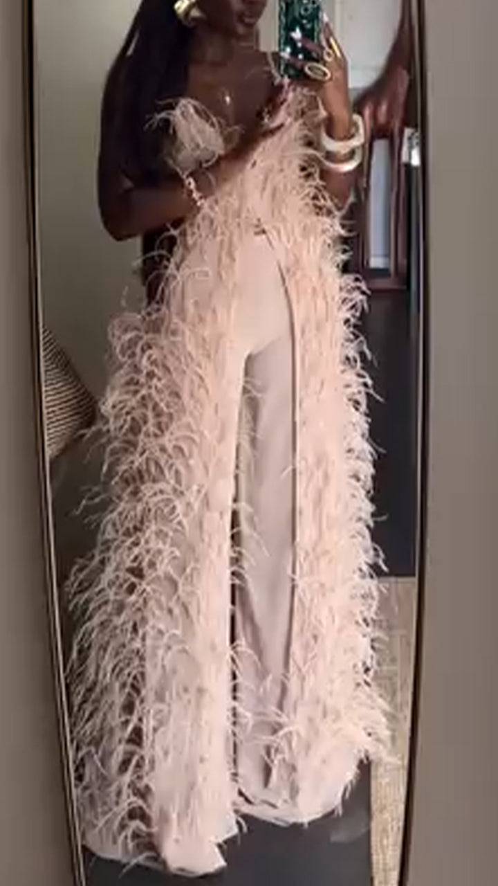 Women Suspender Fur Tassels Long Top+ Pants Solid Color Set