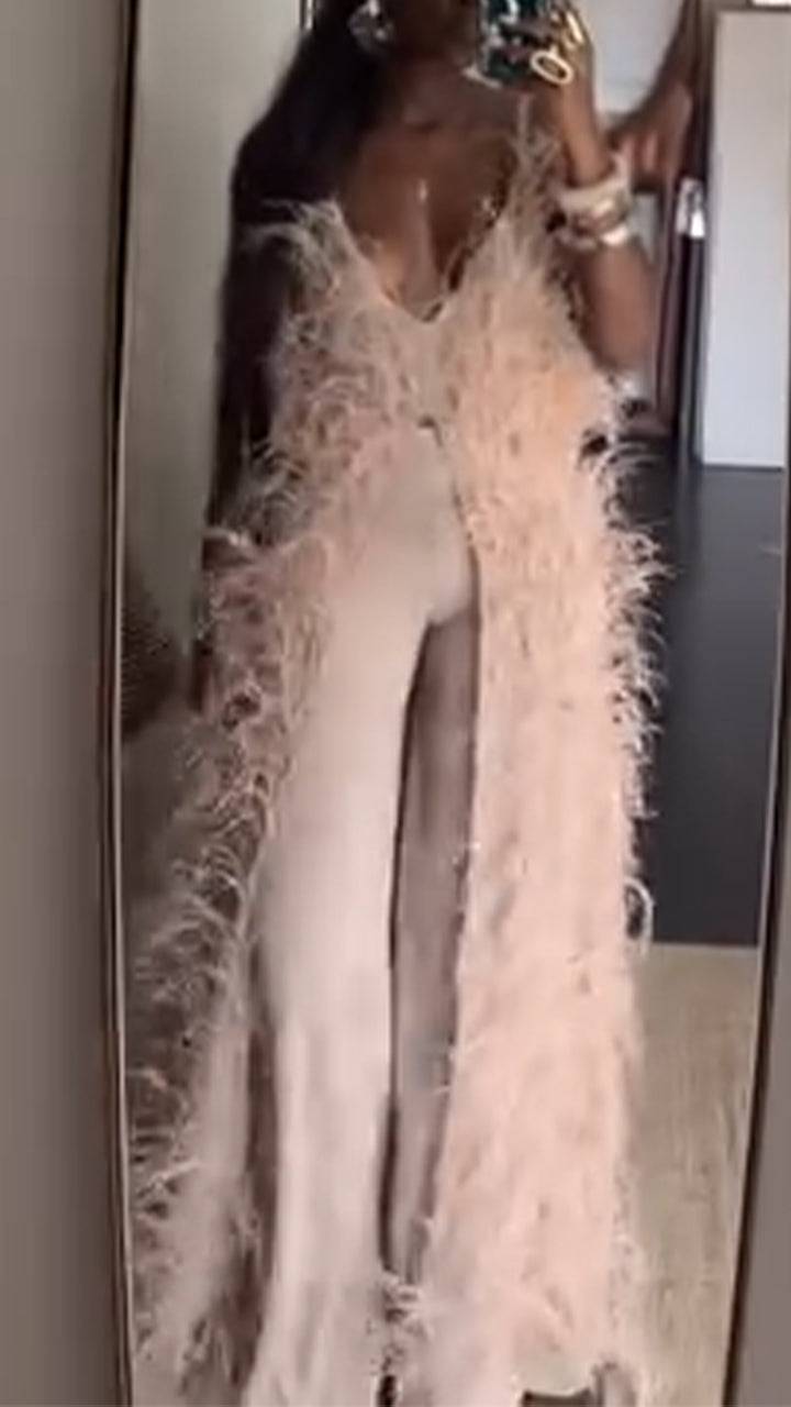 Women Suspender Fur Tassels Long Top+ Pants Solid Color Set