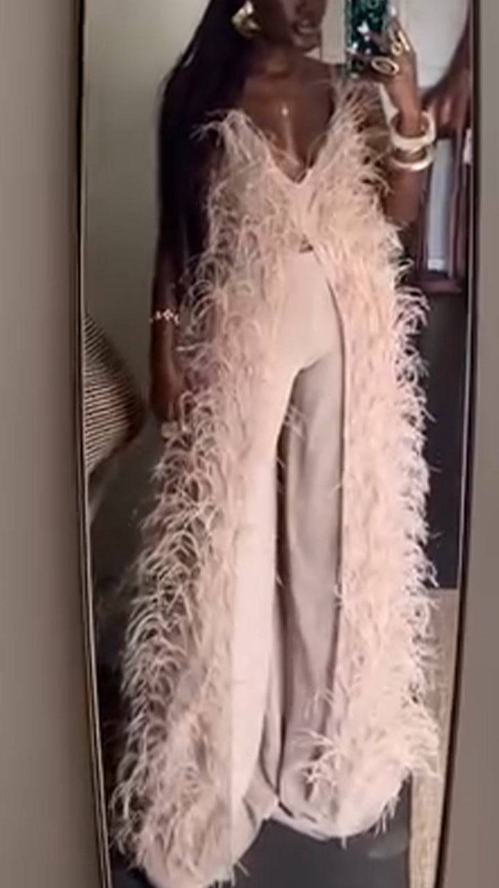 Women Suspender Fur Tassels Long Top+ Pants Solid Color Set