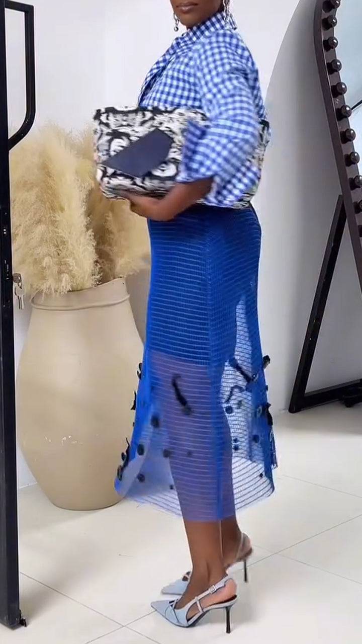 Ladies Collar Plaid Shirt+ See Through Skirt Casual Set - MATCHING MASTER