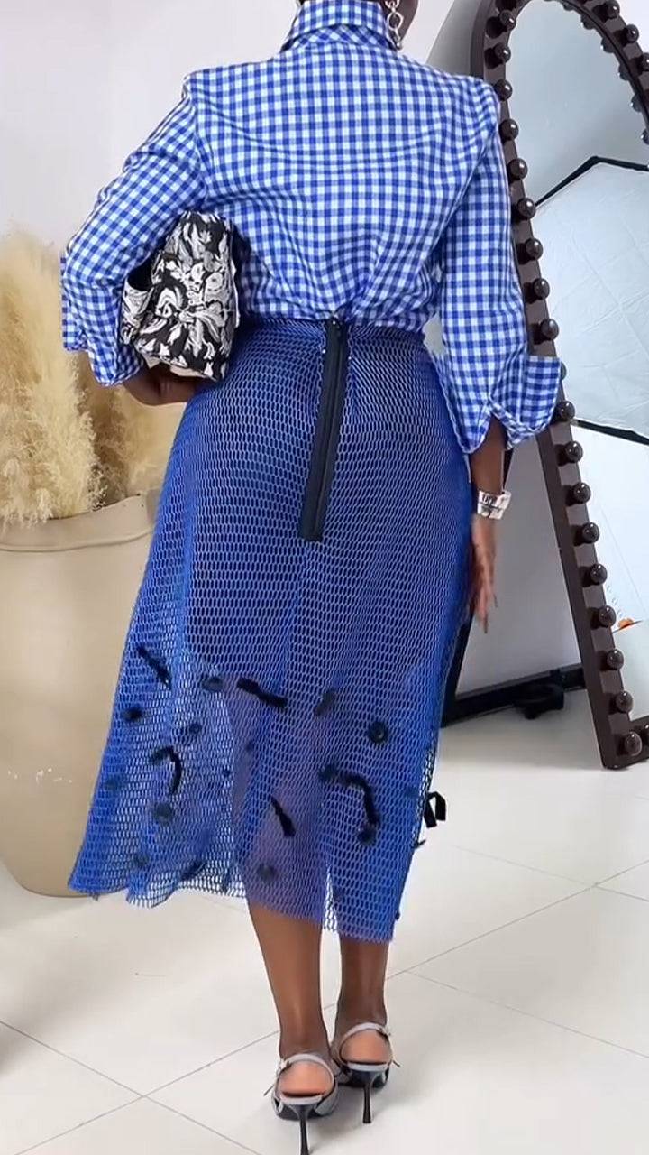 Ladies Collar Plaid Shirt+ See Through Skirt Casual Set - MATCHING MASTER