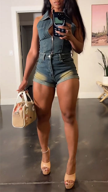 Women Collar Zipper Top+ Shorts Casual Set