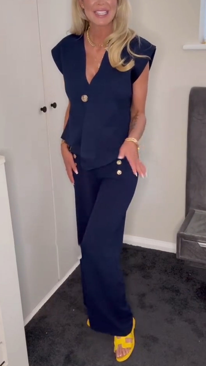 Ladies V-neck Irregular Top+ Pants with A Casual Temperament Suit