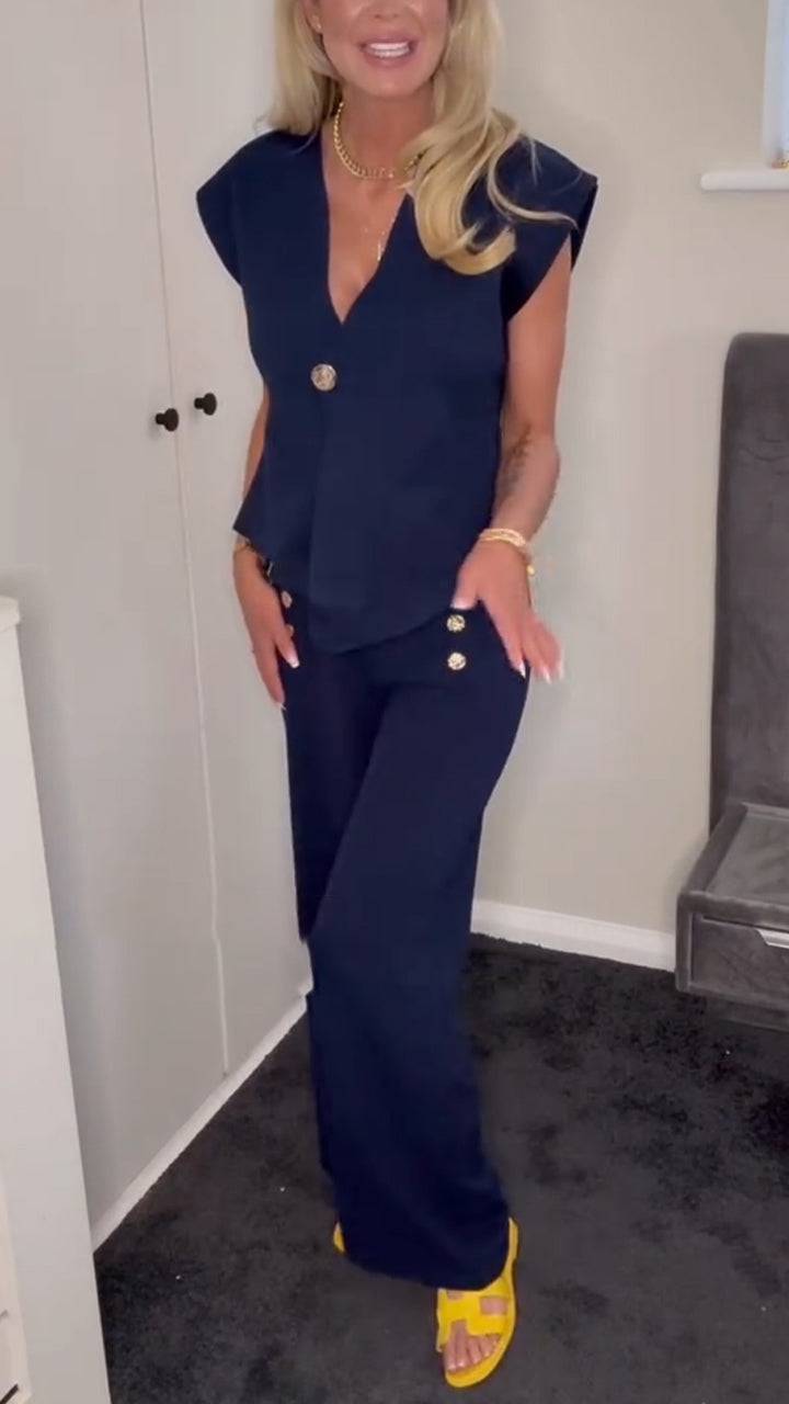 Ladies V-neck Irregular Top+ Pants with A Casual Temperament Suit - MATCHING MASTER