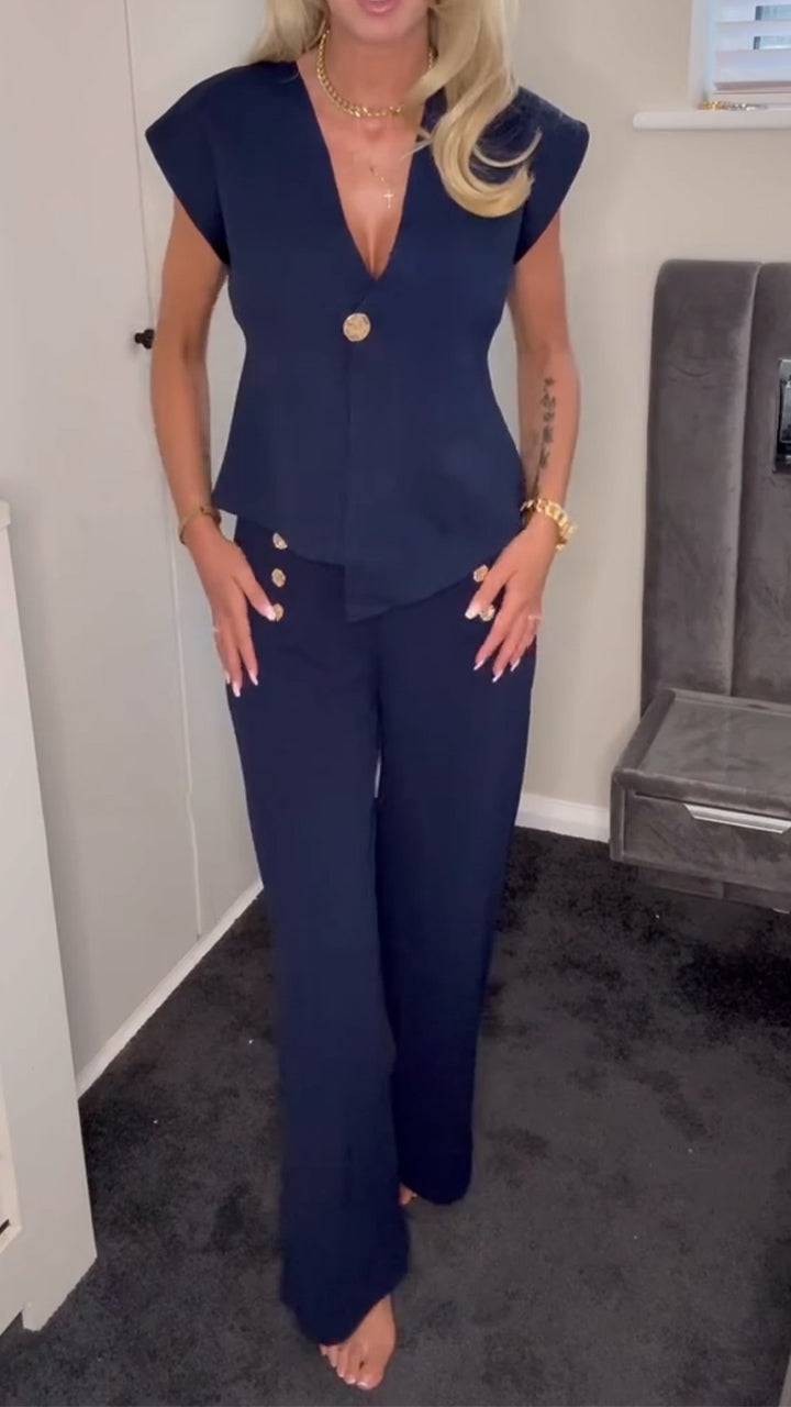 Ladies V-neck Irregular Top+ Pants with A Casual Temperament Suit - MATCHING MASTER