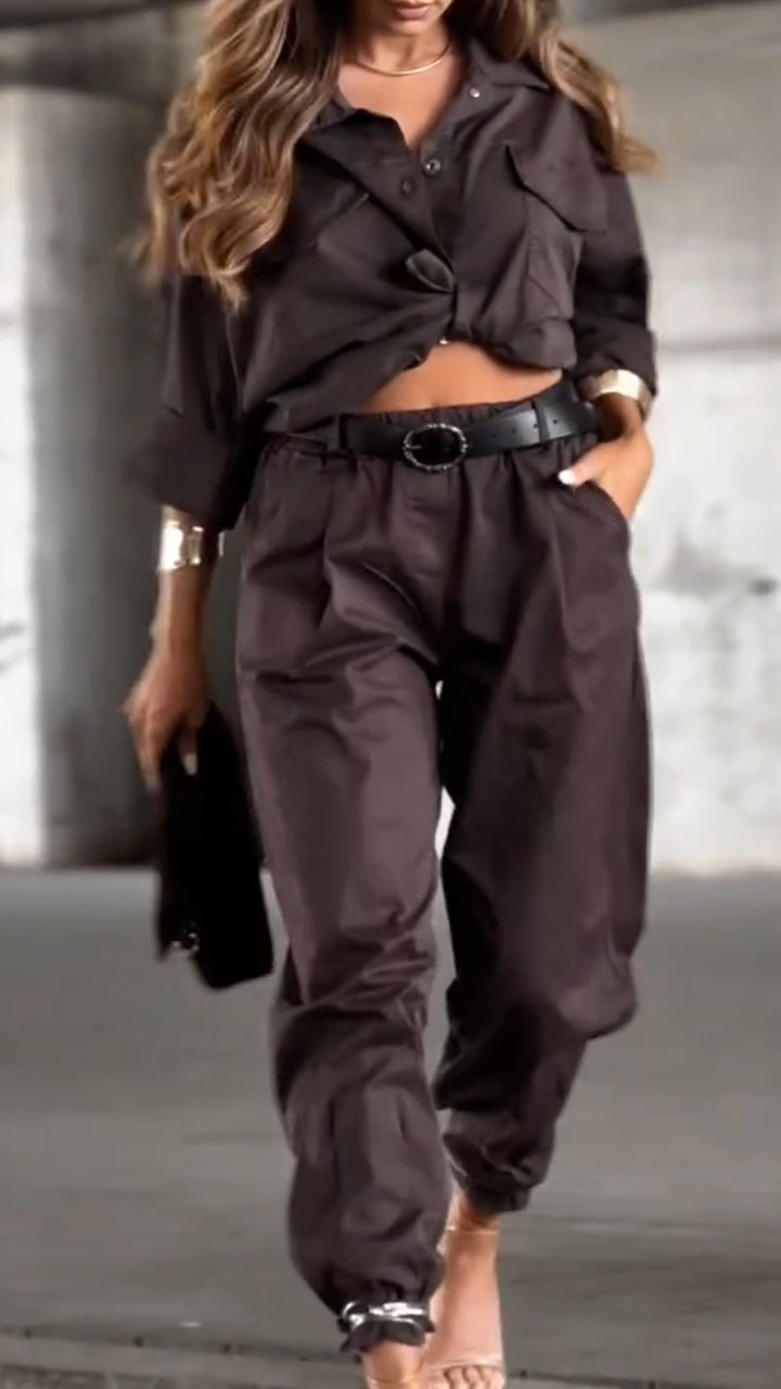 Women Lapel Shirt + Pants Solid Color Casual Suit