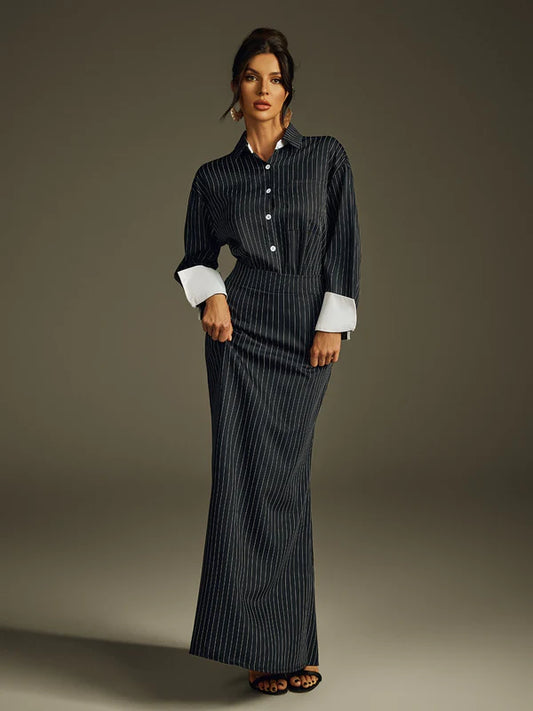 Ladies' Folded Collar Stripe Skirt Set - MATCHING MASTER