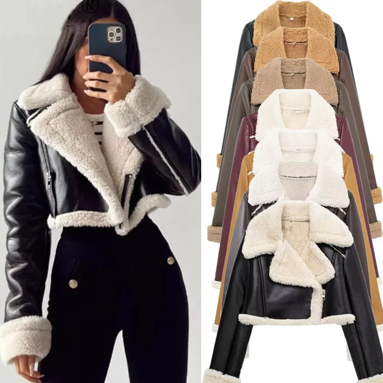 Ladies' French casual double-faced lambskin short coat