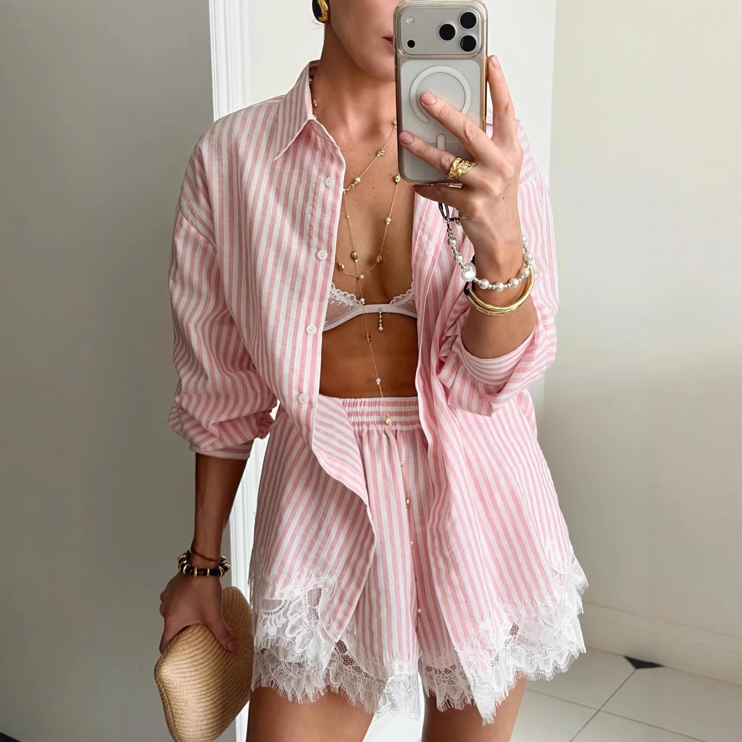 Women's Striped 2-Piece Resort Set - Oversized Button-Down Shirt with Eyelet Lace Trim & Matching Shorts