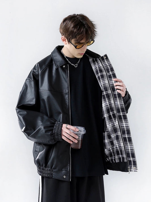 Genuine leather jacket with plaid lining, reversible lapel leather jacket - MATCHING MASTER