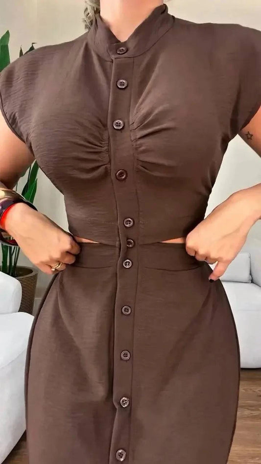 Women's Round Neck Buttoned Hollow Waist Casual Dress - MATCHING MASTER