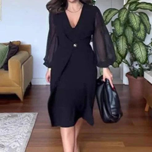 Elegant Ladies Lace Long Sleeve V Neck Dress - MATCHING MASTER