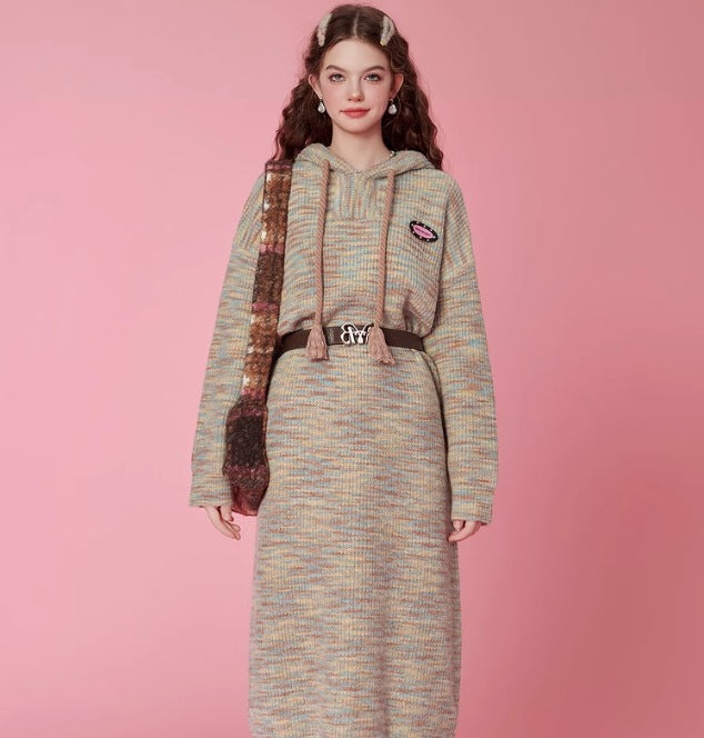 Autumn and winter colorful hooded sweater dress