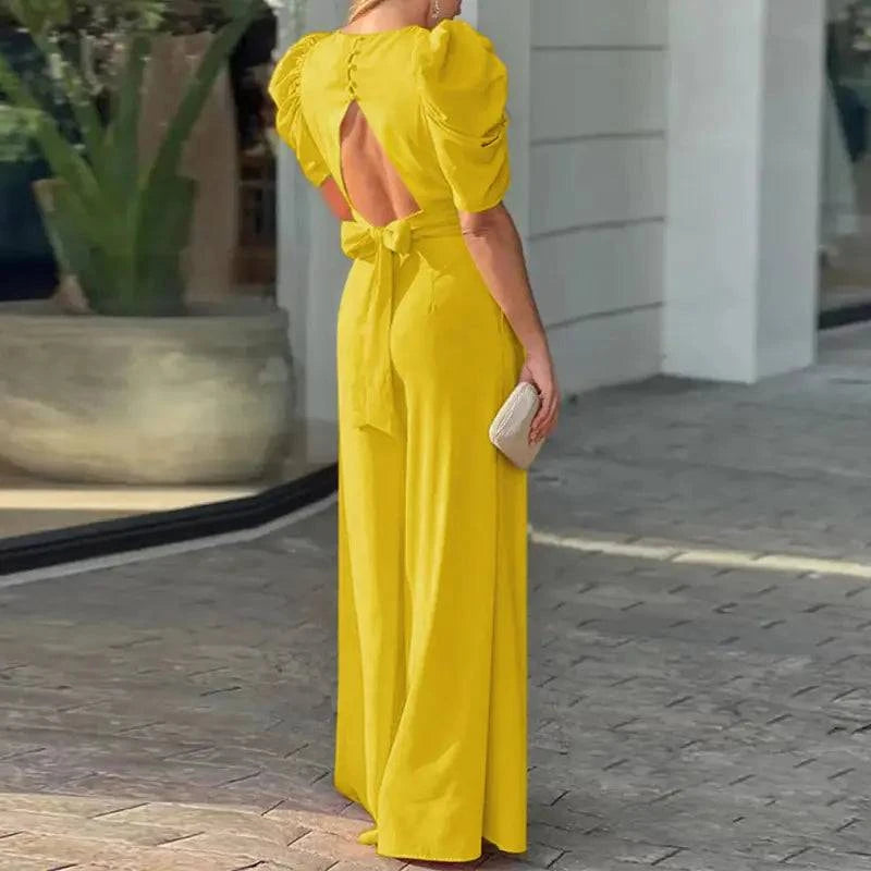 Women's Puff Sleeve Plunge Wide Leg Jumpsuit - MATCHING MASTER