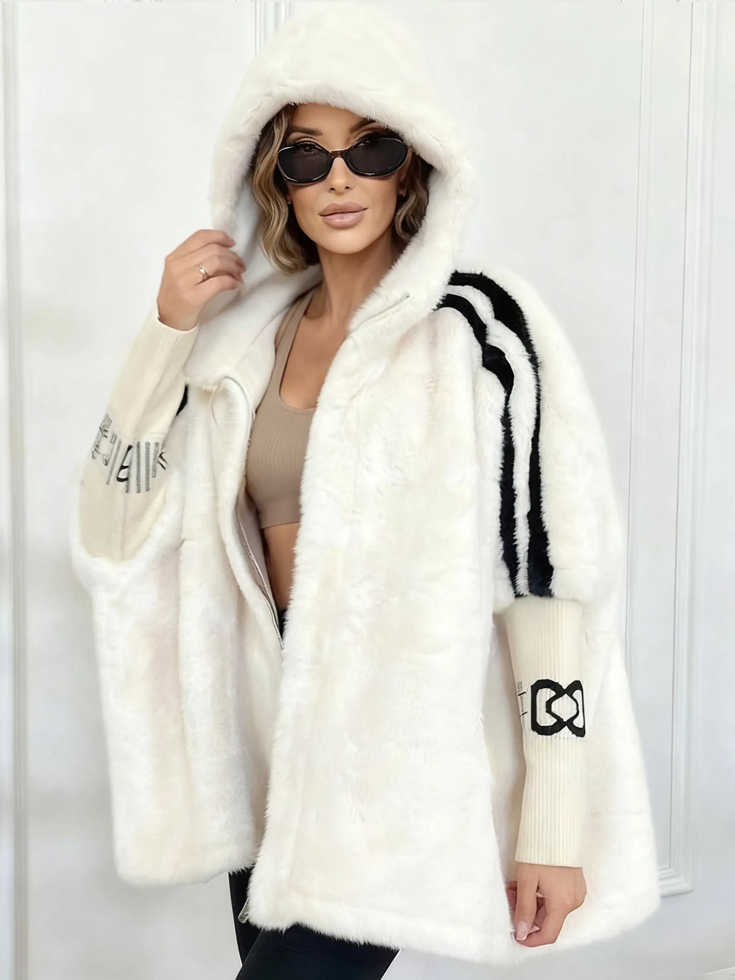Ladies' Plush Hooded Vertical Stripe Printed Casual Coat