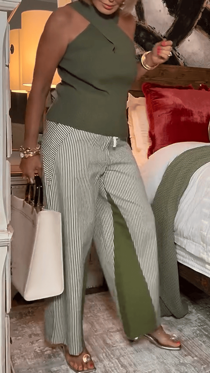 Ladies' Cross Neckline Top+ Striped Patchwork Pants Casual Set - MATCHING MASTER