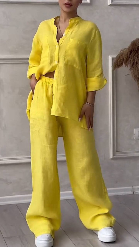 Women's V-neck Cotton and Linen Casual Suit