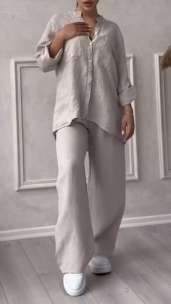 Women's V-neck Cotton and Linen Casual Suit