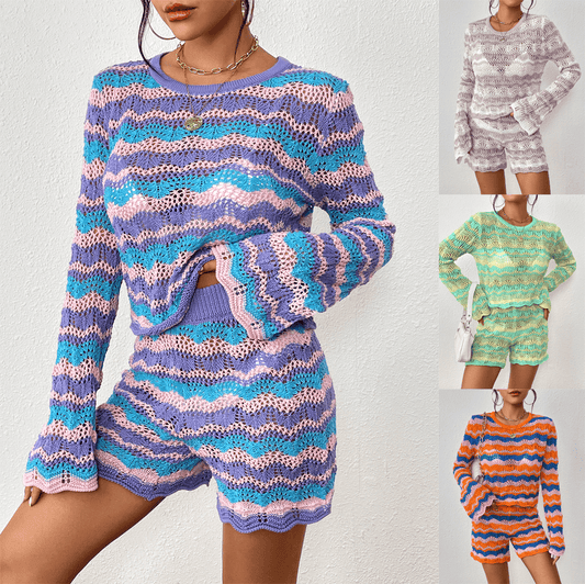 Two-piece patchwork sweater loose mid-color round neck striped sweater for women - MATCHING MASTER