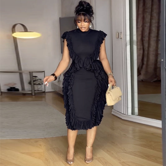 Ruffled waist-cinching solid color bodycon dress - MATCHING MASTER