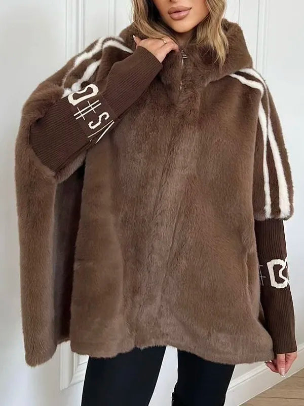 Ladies' Plush Hooded Vertical Stripe Printed Casual Coat