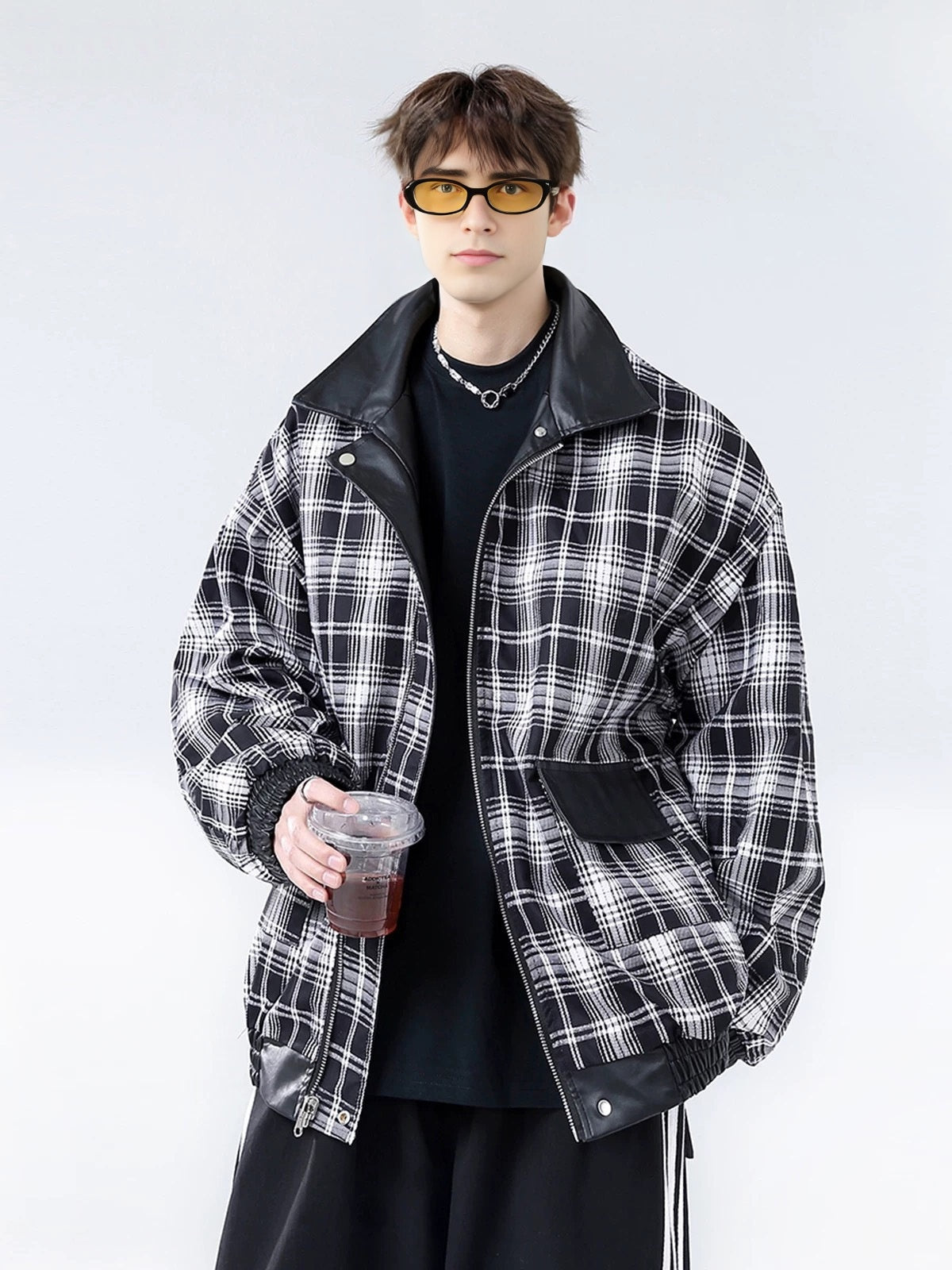 Genuine leather jacket with plaid lining, reversible lapel leather jacket