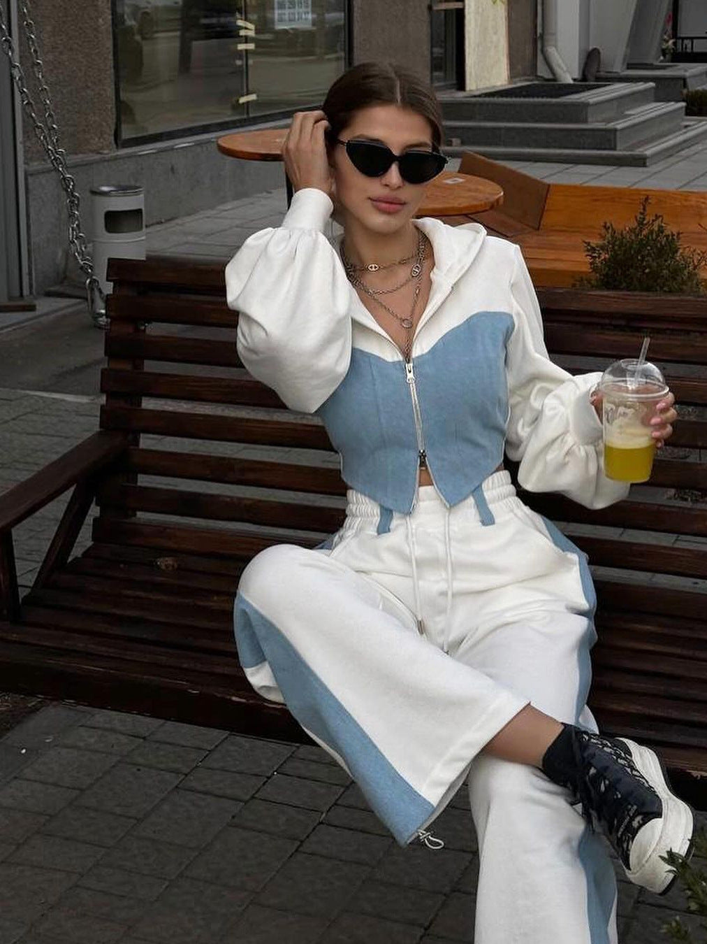 Denim patchwork hooded top and trousers two-piece set - MATCHING MASTER