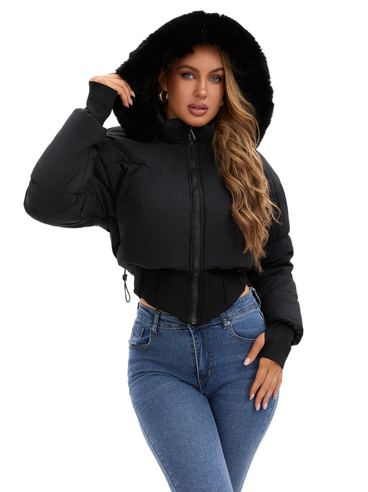 Short coat with large fur collar, hood and waist-hugging design - MATCHING MASTER