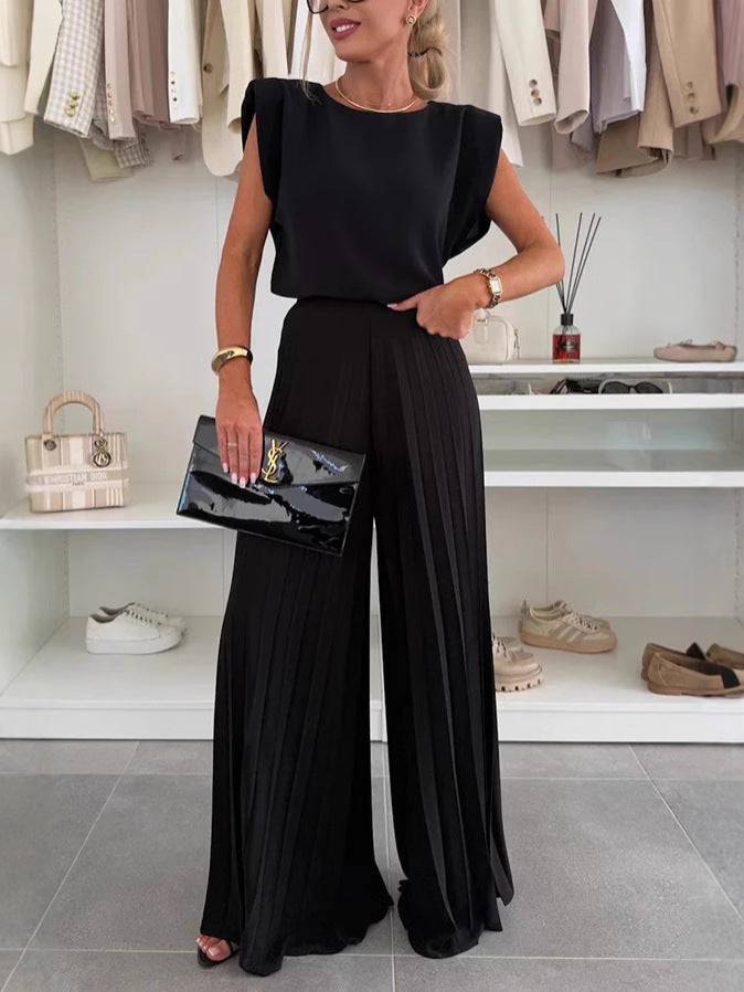 🇬🇧 Two-piece set with sleeveless top and round neckline and pleated wide-leg trousers😍 - MATCHING MASTER