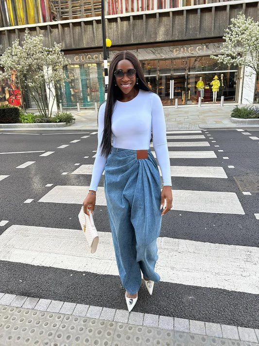 BundleWear™ Fluid Wrap Jeans | Asymmetric High-Waist Drapey Wide-Leg Denim