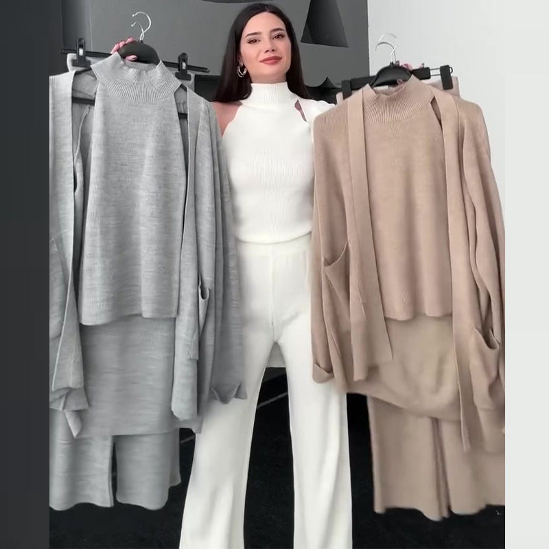 Ladies' solid color sleeveless turtleneck base sweater three piece suit - MATCHING MASTER