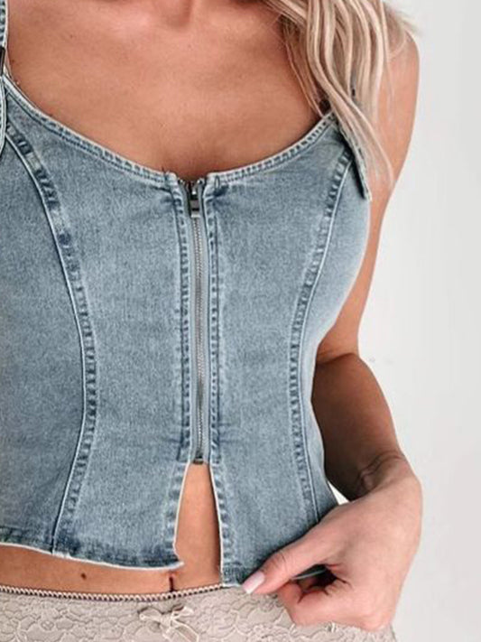 Fitted Denim-Print Corset Tank Top - Exposed Front Zipper & Square Neck Bodycon Vest - Street Style Edgy Top