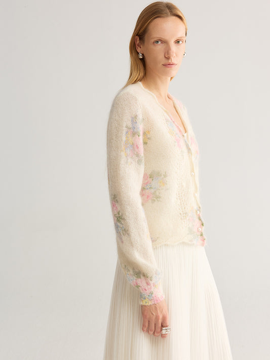 French Floral Mohair-Blend Cardigan — V-Neck Pointelle Knit, One Size