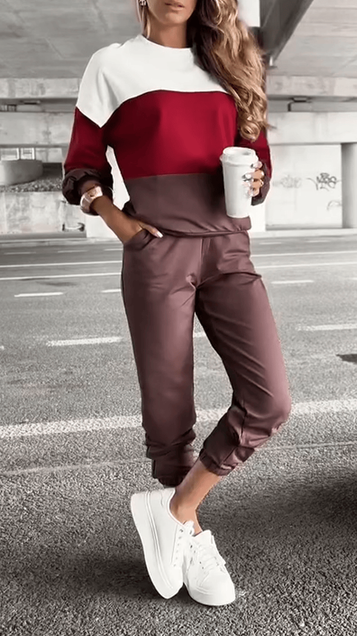 Women Round Neck Contrasting Top + Pants Casual Suit - MATCHING MASTER