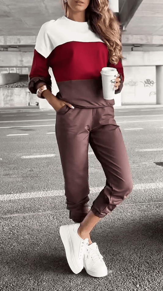 Women Round Neck Contrasting Top + Pants Casual Suit - MATCHING MASTER