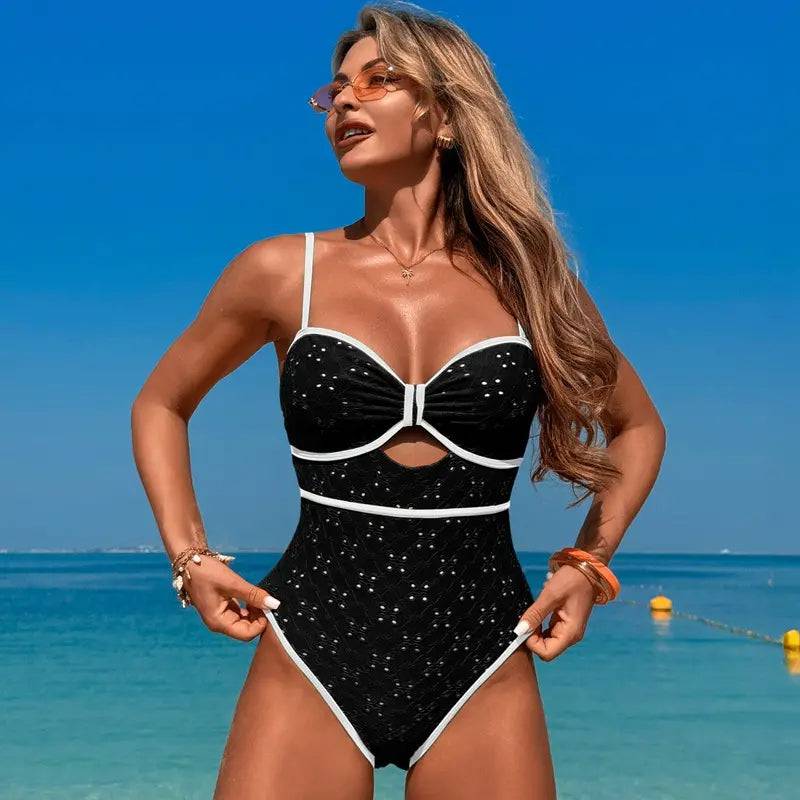 Women's One Piece Color Block Cutout Front Swimsuit - MATCHING MASTER