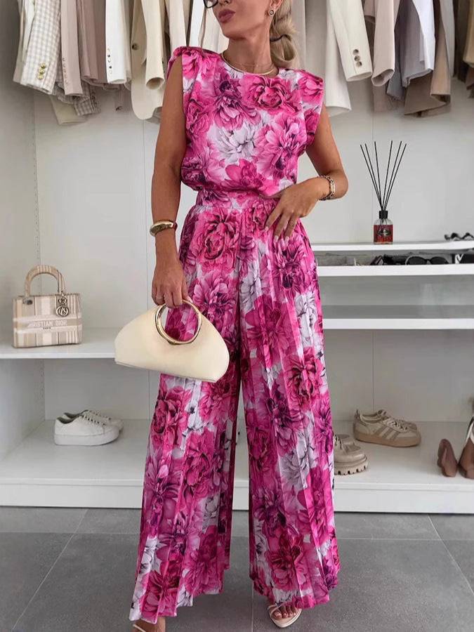 🇬🇧 Two-piece set with sleeveless top and round neckline and pleated wide-leg trousers😍 - MATCHING MASTER