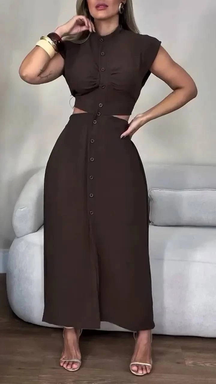 Women's Round Neck Buttoned Hollow Waist Casual Dress - MATCHING MASTER
