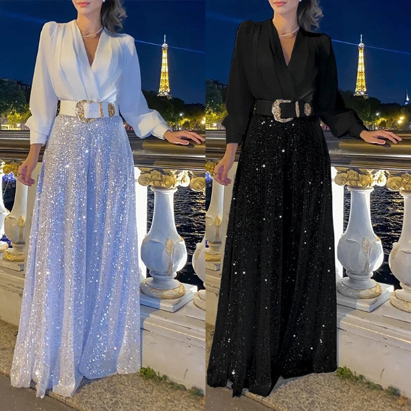 Sequined Long-Sleeve One-Piece trousers Set