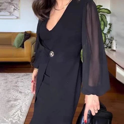 Elegant Ladies Lace Long Sleeve V Neck Dress - MATCHING MASTER