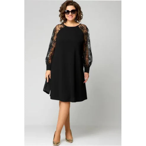 Lace Patchwork Dress with Long Sleeves and Round Neck