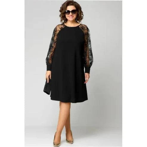 Lace Patchwork Dress with Long Sleeves and Round Neck - MATCHING MASTER
