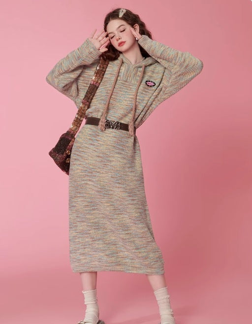 Autumn and winter colorful hooded sweater dress