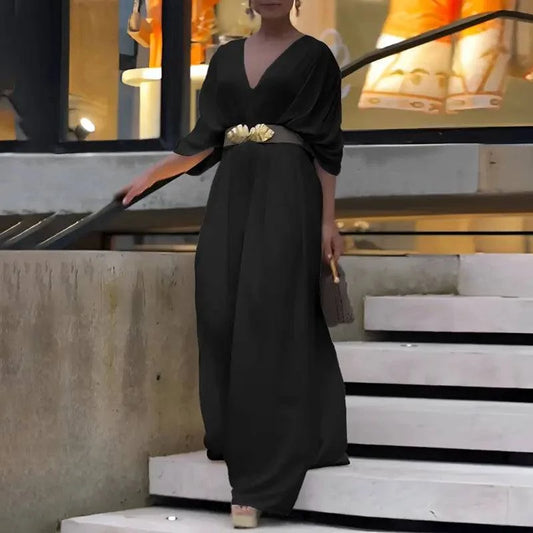 Women's V-Neck Half Sleeve Ruched Jumpsuit - MATCHING MASTER