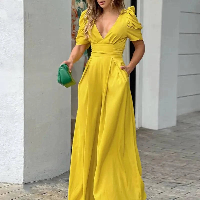 Women's Puff Sleeve Plunge Wide Leg Jumpsuit - MATCHING MASTER